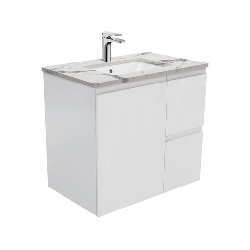Fienza Finger Pull Matte White 750mm Vanity With Undermounted Stone Top - Ideal Bathroom CentreSM75ZRWall HungRight Hand DrawersCalacatta Marble