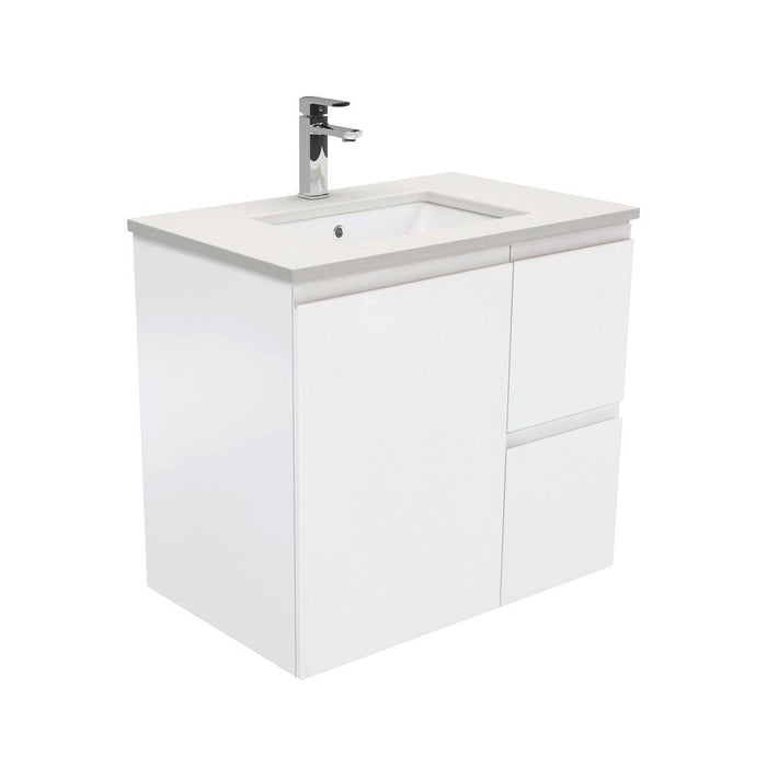 Fienza Finger Pull Matte White 750mm Vanity With Undermounted Stone Top - Ideal Bathroom CentreSRA5ZRWall HungRight Hand DrawersRoman Sand