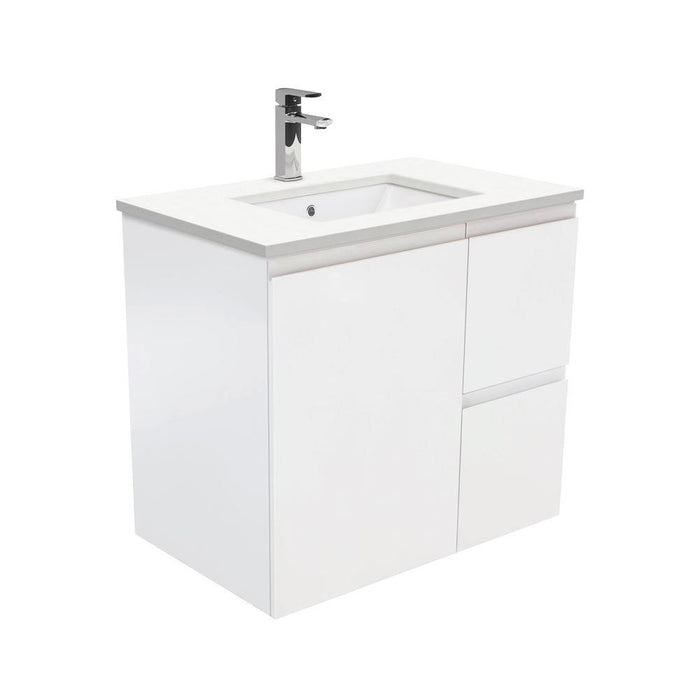 Fienza Finger Pull Matte White 750mm Vanity With Undermounted Stone Top - Ideal Bathroom CentreSC75ZRWall HungRight Hand DrawersCrystal Pure