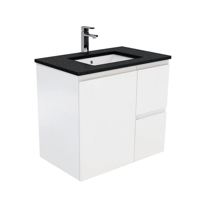 Fienza Finger Pull Matte White 750mm Vanity With Undermounted Stone Top - Ideal Bathroom CentreSB75ZRWall HungRight Hand DrawersBlack Sparkle