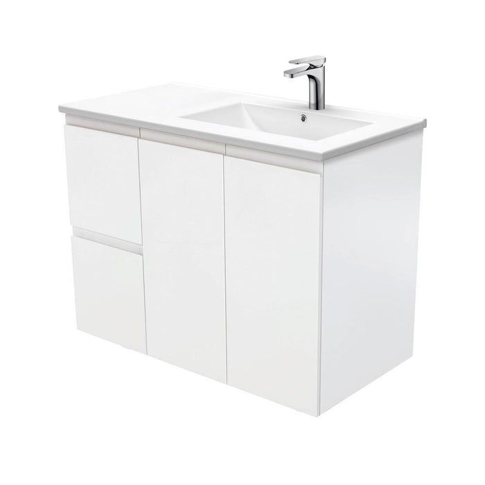 Fienza Finger Pull Matte White 900mm Vanity With Ceramic Top - Ideal Bathroom CentreTCL90RZWall HungLeft Hand SideRight Hand Basin