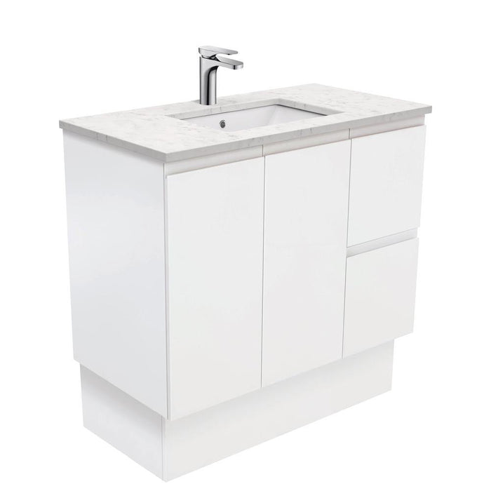 Fienza Finger Pull Matte White 900mm Vanity With Undermounted Stone Top - Ideal Bathroom CentreSI90ZKRFreestandingRight Hand DrawersBianco Marble