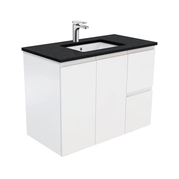 Fienza Finger Pull Matte White 900mm Vanity With Undermounted Stone Top - Ideal Bathroom CentreSB90ZRWall HungRight Hand DrawersBlack Sparkle