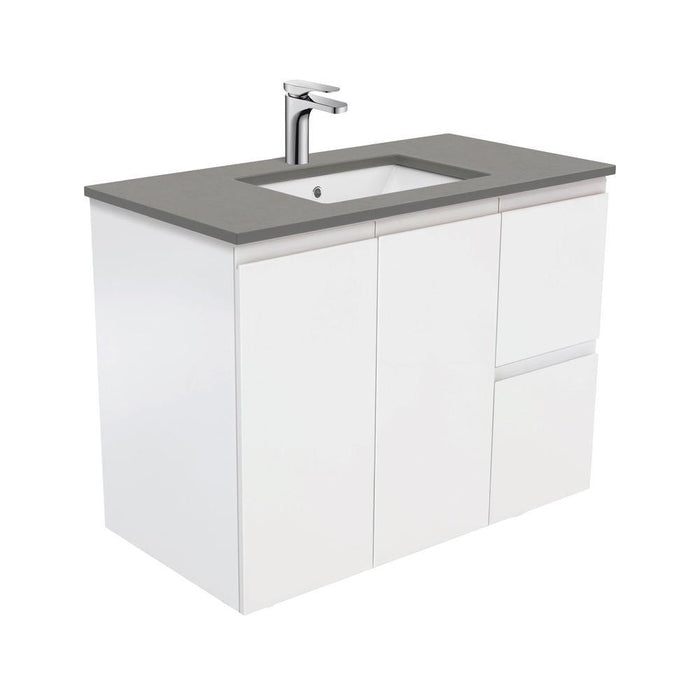 Fienza Finger Pull Matte White 900mm Vanity With Undermounted Stone Top - Ideal Bathroom CentreSD90ZRWall HungRight Hand DrawersDove Grey