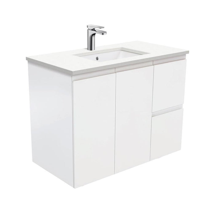 Fienza Finger Pull Matte White 900mm Vanity With Undermounted Stone Top - Ideal Bathroom CentreSC90ZRWall HungRight Hand DrawersCrystal Pure