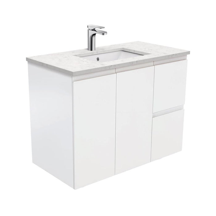 Fienza Finger Pull Matte White 900mm Vanity With Undermounted Stone Top - Ideal Bathroom CentreSI90ZRWall HungRight Hand DrawersBianco Marble