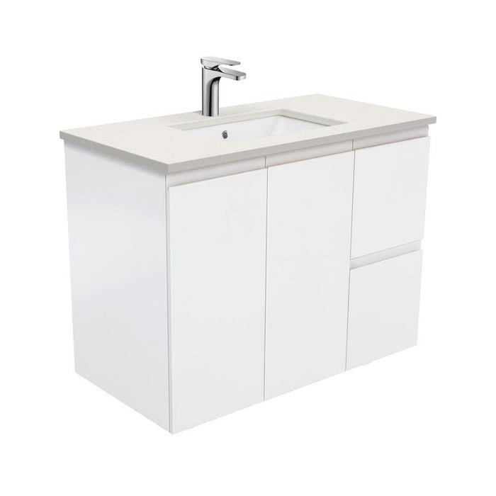 Fienza Finger Pull Matte White 900mm Vanity With Undermounted Stone Top - Ideal Bathroom CentreSA90ZRWall HungRight Hand DrawersRoman Sand