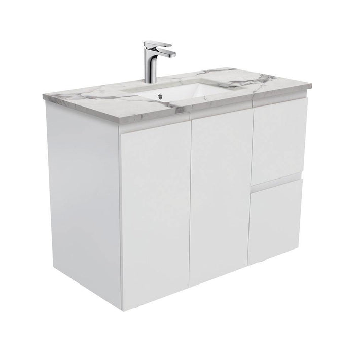 Fienza Finger Pull Matte White 900mm Vanity With Undermounted Stone Top - Ideal Bathroom CentreSM90ZRWall HungRight Hand DrawersCalacatta Marble