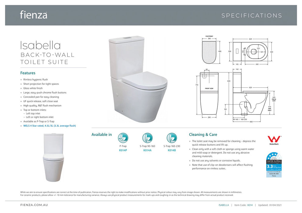 Fienza Isabella Back To Wall Toilet Suite - Ideal Bathroom CentreK014-2Slim Seat
