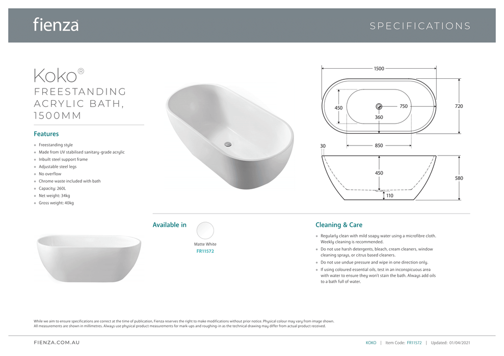 Fienza Koko 1500/1680 Matte White Freestanding Acrylic Bath - Ideal Bathroom CentreFR115721500mm