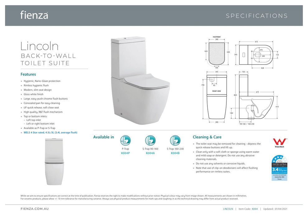 Fienza Lincoln Back To Wall Toilet Suite - Ideal Bathroom CentreK004