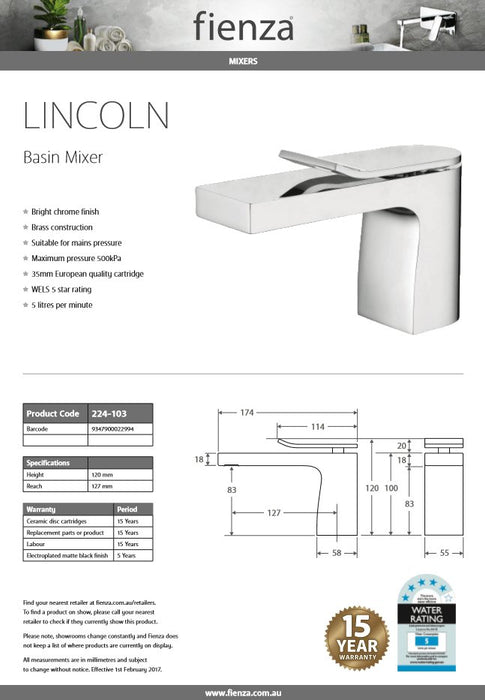 Fienza LINCOLN Basin Mixer 224-103 - Ideal Bathroom Centre224-103