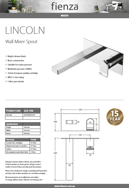 Fienza Lincoln LINCOLN Wall Mixer Spout 224-106 - Ideal Bathroom Centre224-106