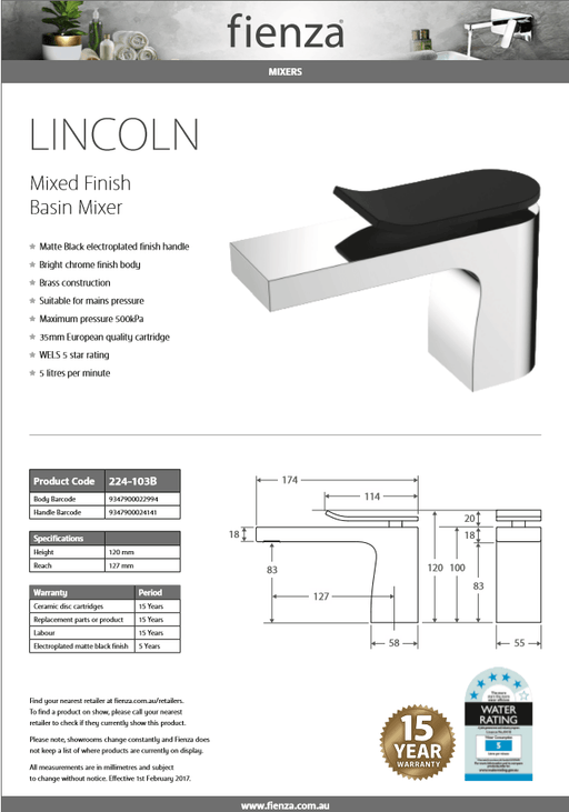 Fienza LINCOLN MBC Basin Mixer 224-103B - Ideal Bathroom Centre224-103B