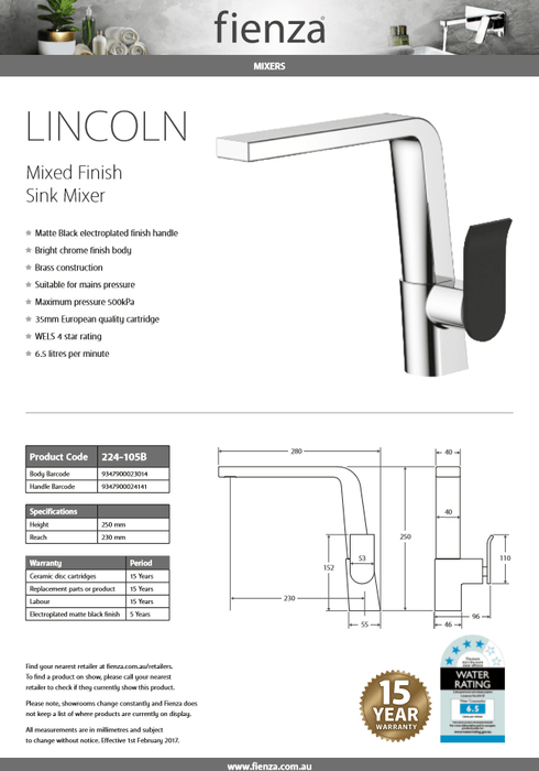 Fienza LINCOLN MBC Swivel Sink Mixer 224-105B - Ideal Bathroom Centre224-105B