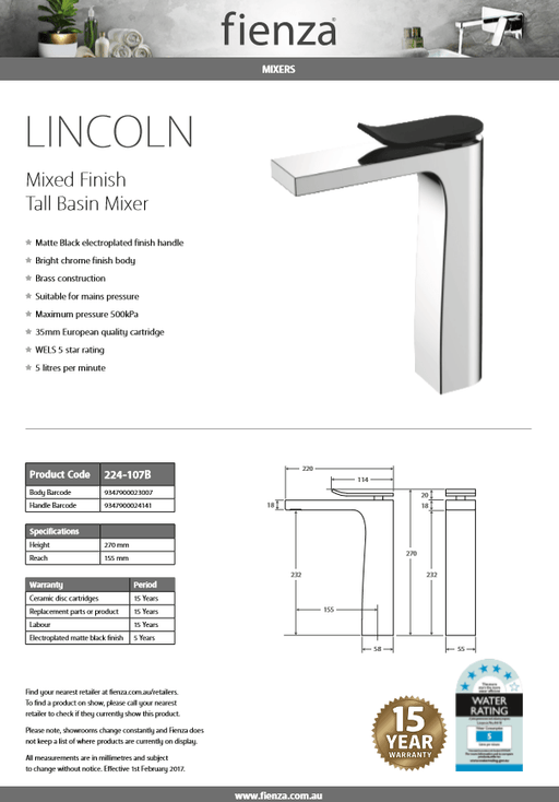 FIENZA LINCOLN MBC Tall Basin Mixer 224-107B - Ideal Bathroom Centre224-107B