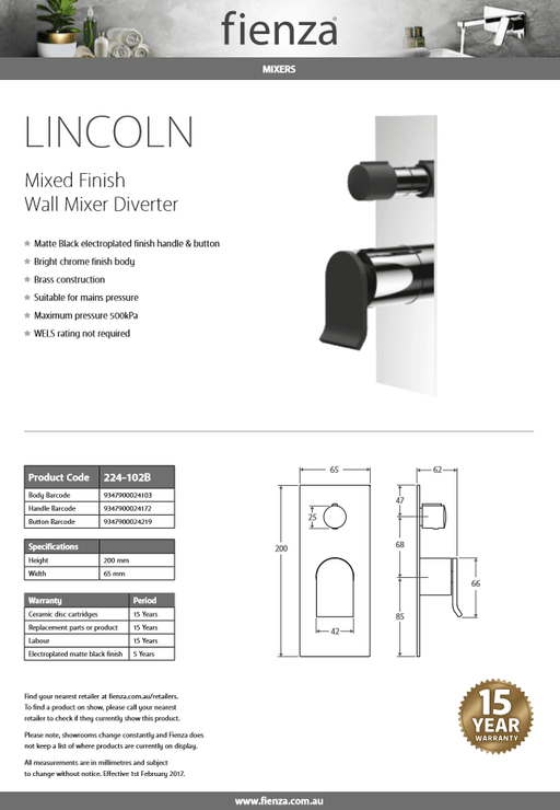 Fienza LINCOLN MBC Wall Mixer Diverter 224-102B - Ideal Bathroom Centre224-102B