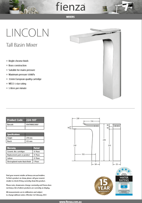 Fienza LINCOLN Tall Basin Mixer 224-107 - Ideal Bathroom Centre224-107