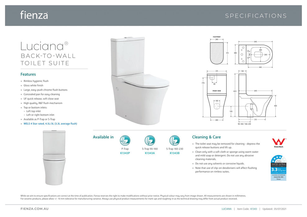 Fienza Luciana Back To Wall Toilet Suite - Ideal Bathroom CentreK1343