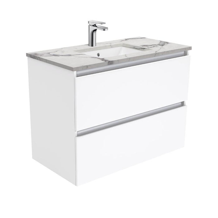 Fienza Quest 900mm Vanity With Undermounted Stone Top - Ideal Bathroom CentreSM90QWall HungCalacatta Marble