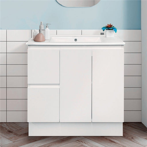 MILANO New Elegant 900mm Freestanding Vanity - Ideal Bathroom CentreEL-900LKCCeramic TopLeft Hand DrawerOn Kickboard