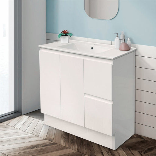 MILANO New Elegant 900mm Freestanding Vanity - Ideal Bathroom CentreEL-900LKCCeramic TopLeft Hand DrawerOn Kickboard