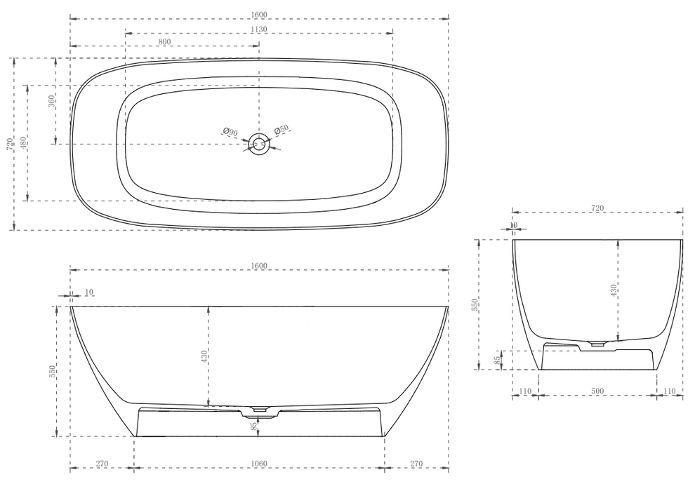 Milano Verse Solid Surface Stone Bathtub - Ideal Bathroom CentreBT-SBS14001400mm