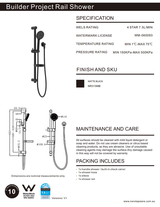 NERO BUILDER PROJECT RAIL SHOWER MATTE BLACK - Ideal Bathroom CentreNR315MB