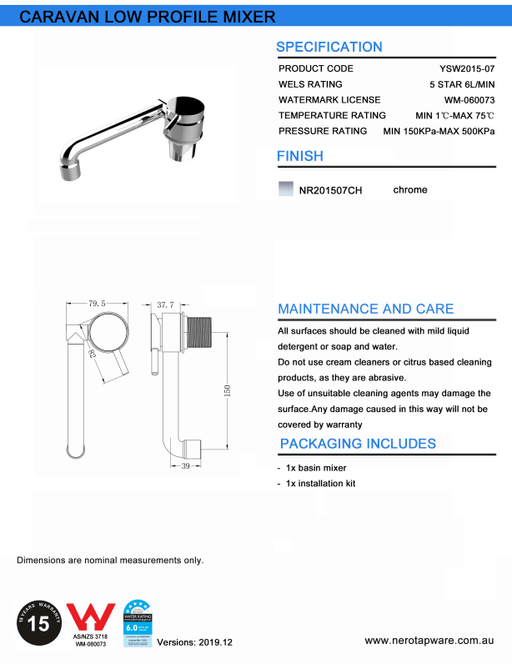 NERO CARAVAN LOW PROFILE MIXER CHROME - Ideal Bathroom CentreNR201507CH