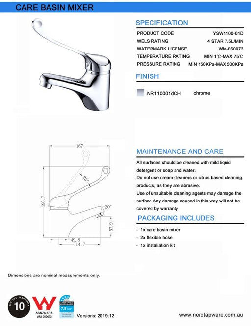 NERO CLASSIC CARE BASIN MIXER CHROME - Ideal Bathroom CentreNR110001dCH