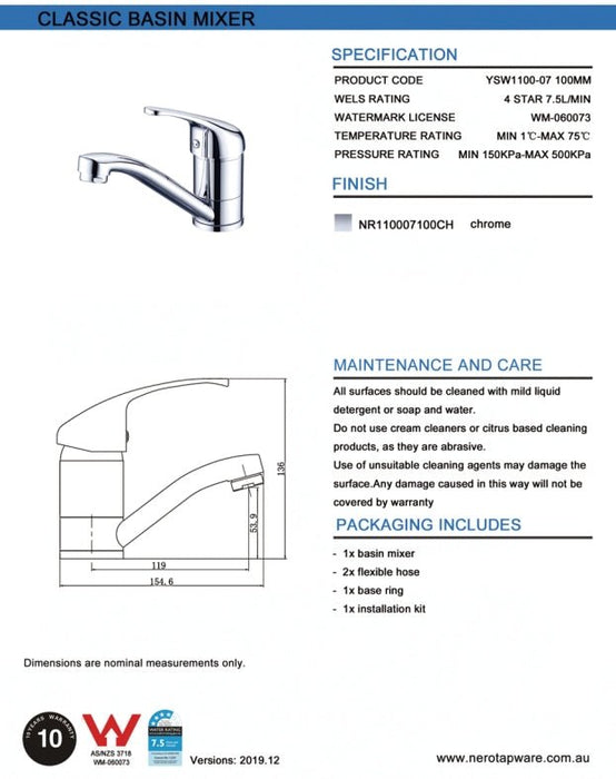 NERO CLASSIC SWIVEL BASIN MIXER (100MM SPOUT) CHROME - Ideal Bathroom CentreNR110007100CH