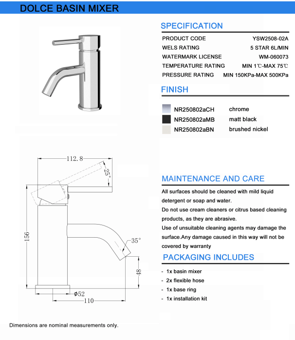 NERO DOLCE BASIN MIXER STYLISH SPOUT BRUSHED NICKEL - Ideal Bathroom CentreNR250802aBN