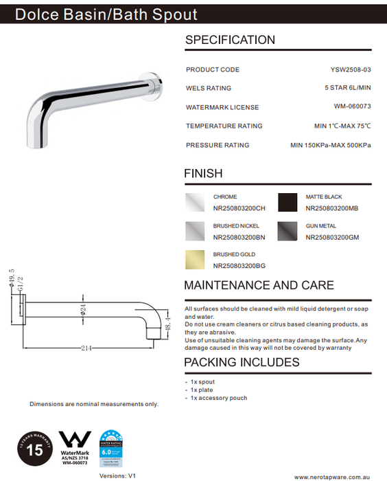 NERO DOLCE BASIN/BATH SPOUT ONLY 215MM BRUSHED NICKEL - Ideal Bathroom CentreNR250803200BN