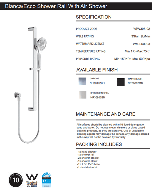 NERO ECCO SHOWER RAIL WITH AIR SHOWER BRUSHED NICKEL - Ideal Bathroom CentreNR30802BN