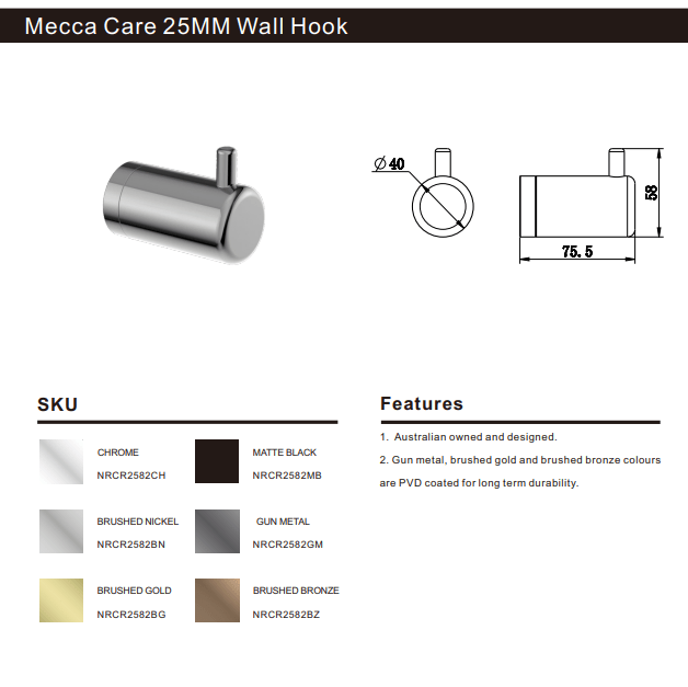 NERO MECCA CARE 25MM WALL HOOK GUN METAL - Ideal Bathroom CentreNRCR2582GM