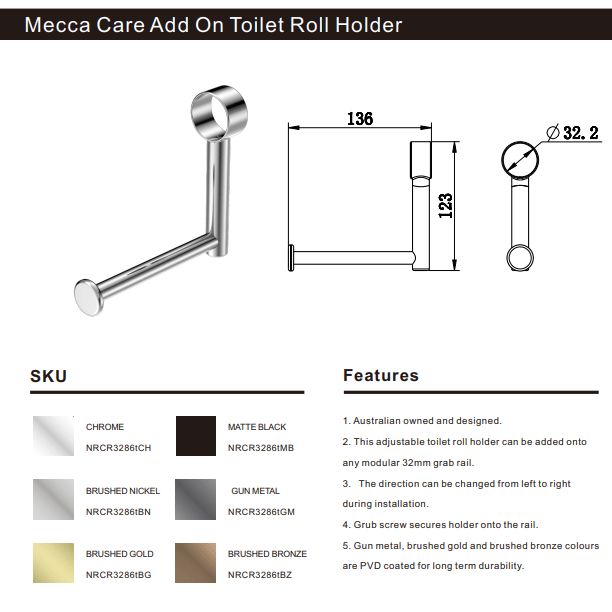 NERO MECCA CARE ADD ON TOILET ROLL HOLDER GUN METAL - Ideal Bathroom CentreNRCR3286TGM