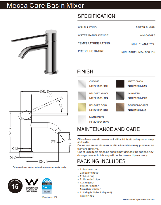 NERO MECCA CARE BASIN MIXER BRUSHED NICKEL - Ideal Bathroom CentreNR221901dBN