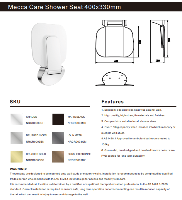 NERO MECCA CARE SHOWER SEAT 400×330MM CHROME - Ideal Bathroom CentreNRCR0003CH