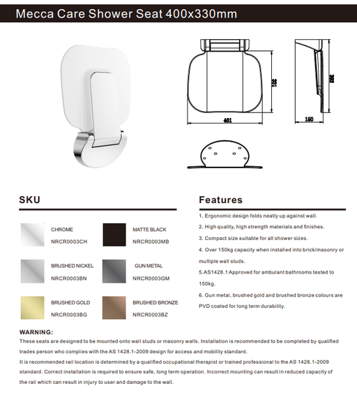 NERO MECCA CARE SHOWER SEAT 400×330MM MATTE BLACK - Ideal Bathroom CentreNRCR0003MB