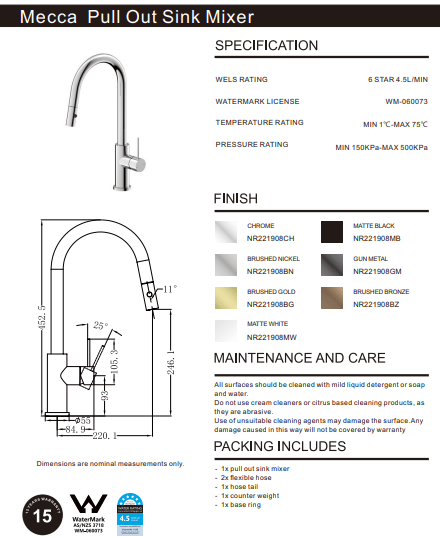 NERO MECCA PULL OUT SINK MIXER WITH VEGIE SPRAY FUNCTION CHROME - Ideal Bathroom CentreNR221908CH