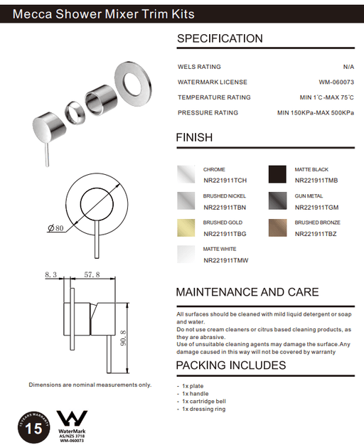NERO MECCA SHOWER MIXER 80MM PLATE TRIM KITS ONLY BRUSHED NICKEL - Ideal Bathroom CentreNR221911TBN