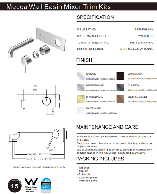 NERO MECCA WALL BASIN/BATH MIXER 120MM TRIM KITS ONLY BRUSHED GOLD - Ideal Bathroom CentreNR221910A120TBG