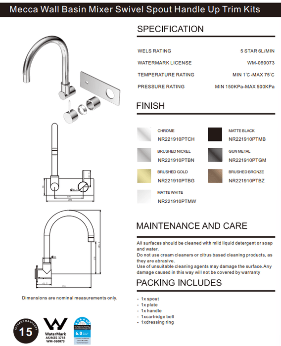 NERO MECCA WALL BASIN/BATH MIXER SWIVEL SPOUT HANDLE UP TRIM KITS ONLY MATTE WHITE - Ideal Bathroom CentreNR221910PTMW