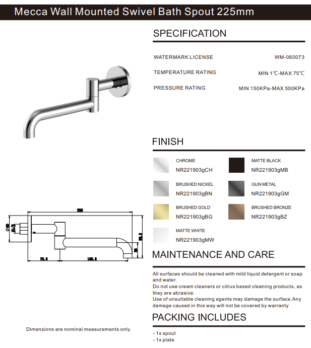 NERO MECCA WALL MOUNTED SWIVEL BASIN/BATH SPOUT ONLY 225MM BRUSHED BRONZE - Ideal Bathroom CentreNR221903GBZ