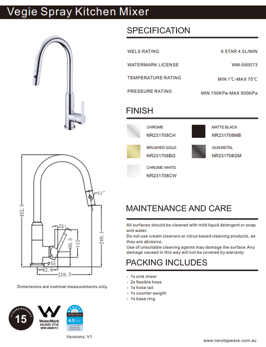 NERO PEARL PULL OUT SINK MIXER WITH VEGIE SPRAY FUNCTION BRUSHED GOLD - Ideal Bathroom CentreNR231708BG