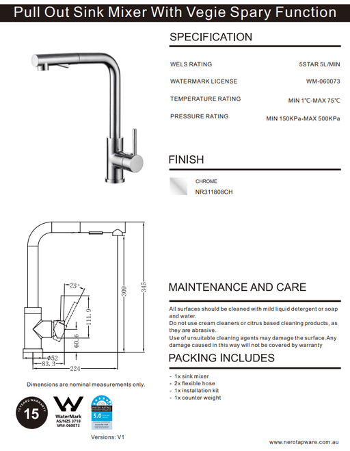 NERO PULL OUT SINK MIXER WITH VEGIE SPRAY FUNCTION CHROME - Ideal Bathroom CentreNR311808CH