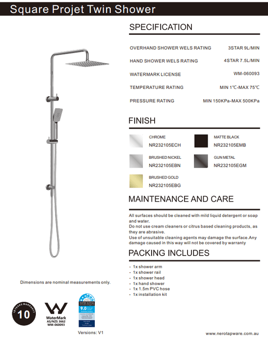 NERO SQUARE PROJECT TWIN SHOWER BRUSHED NICKEL - Ideal Bathroom CentreNR232105EBN