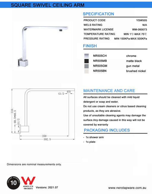NERO SQUARE SWIVEL SHOWER ARM BRUSHED NICKEL - Ideal Bathroom CentreNR505BN