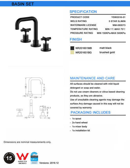 NERO X PLUS BASIN SET MATTE BLACK - Ideal Bathroom CentreNR201601MB