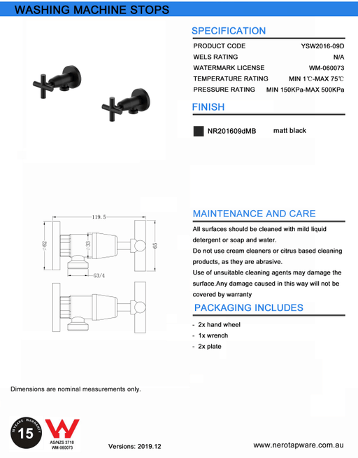 NERO X PLUS WASHING MACHINE STOPS MATTE BLACK - Ideal Bathroom CentreNR201609dMB